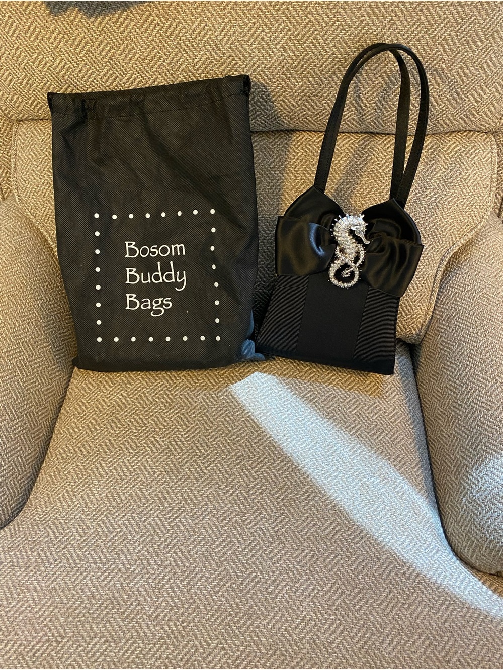 Bosom Buddy Bags Black Satin Evening Tote with Silver Rhinestone Seahorse Brooch
